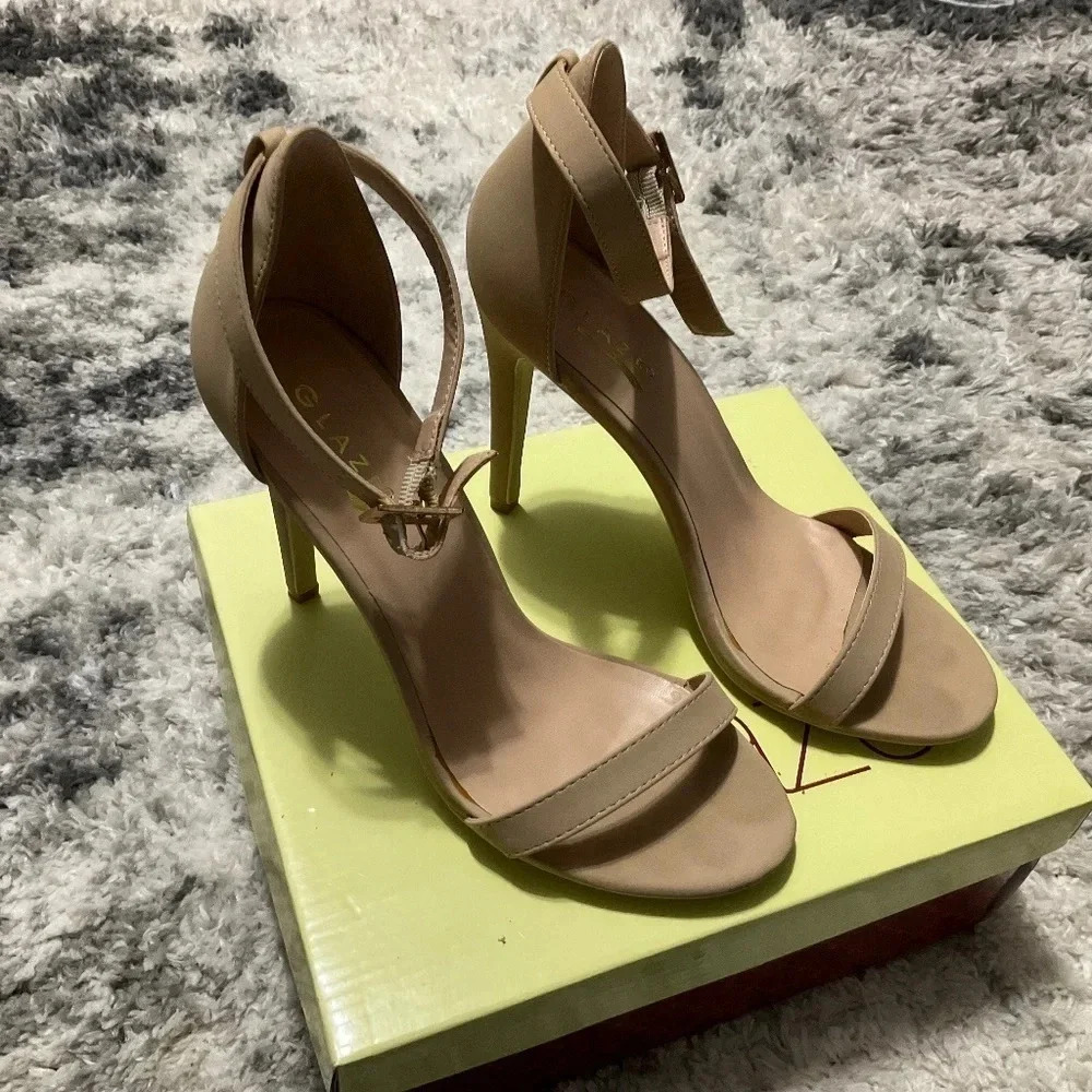 Glaze Nude Heels Ankle Strap Stiletto‎ Open Toe Party Shoes